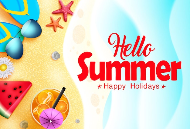 Vector hallo zomer vector banner ontwerp hallo zomer prettige vakantie tekst op zee achtergrond