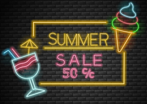 Hallo zomer, verkoop banner, zomer achtergrond, neonlicht, cocktail en ijs neon illustratie