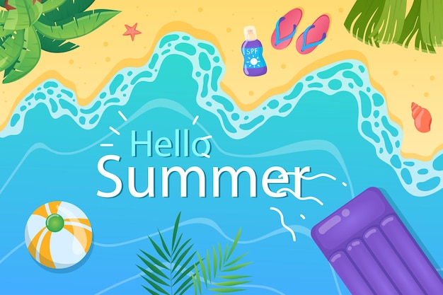 Hallo zomerachtergrond in plat cartoonontwerpbehang met zomerzandstrand met zeegolven