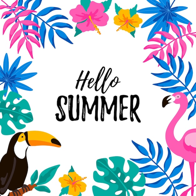 Hallo zomerbanner met toekanflamingo en tropische bladeren en bloemen