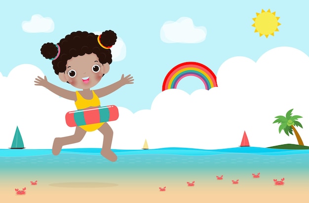 Hallo zomerbannersjabloon gelukkige kinderen in zwemkleding met opblaasbaar speelgoed op het strand
