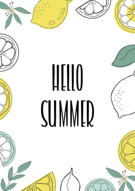 Hallo zomerconcept label of poster met citroenfruit en typografische tekst