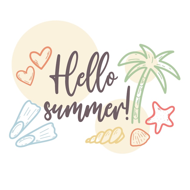 Hallo zomerkaart met belettering en palmboom Seizoensgroetkaart met schelpen en harten
