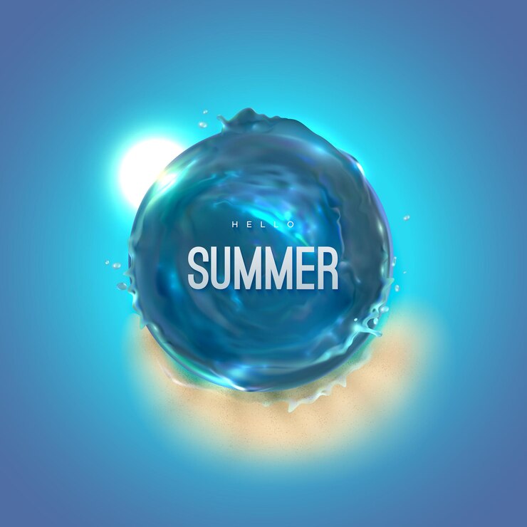 Hallo zomerlabel met zeeblauw water vortexvorm en zandstrand