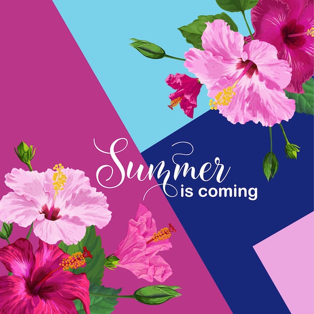 Hallo zomerposter. bloemdessin met roze hibiscus bloemen voor uitnodiging voor feest, banner, flyer. tropische botanische achtergrond. vector illustratie