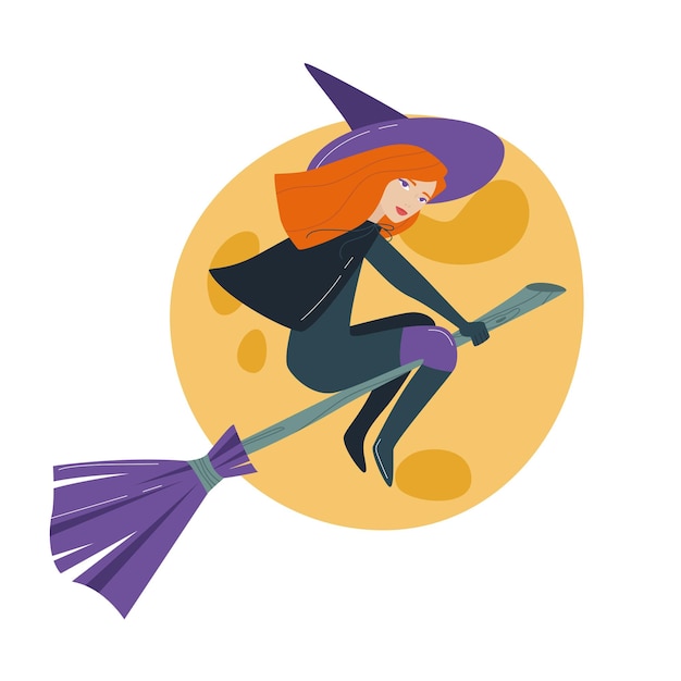 Hallowe'en. The spirits of the dead return to earth. I put A Spell On You. The witch flies on a broomstick against the backdrop of a full moon. Vector illustration. Isolated on a white background.