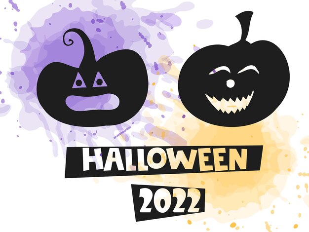 Halloween 2022 31 oktober Traditionele vakantie Trick or treat Vector illustratie doodle handgetekende Set silhouetten van pompoenen met gebeeldhouwde gezichten met oranje en paarse aquarel plek