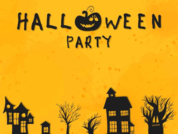 Halloween 2022 31 oktober Trick or treat Vector handgetekende doodle stijl Een ansichtkaart met belettering en pompoenbomen en huizen op een oranje achtergrond met aquarel vlekken