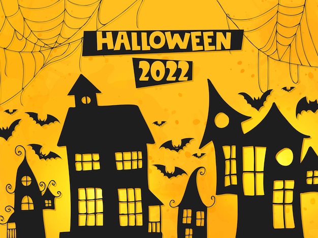 Halloween 2022 31 oktober Trick or treat Vector handgetekende doodle stijl Een ansichtkaart met huizen vleermuizen spinnenwebben en belettering op een oranje achtergrond met aquarel vlekken