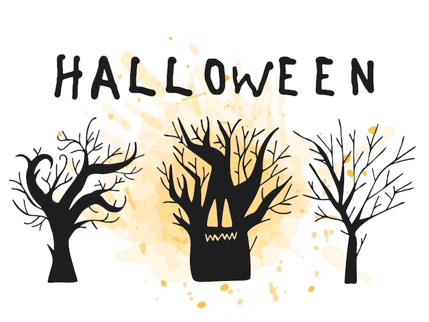 Хэллоуин 2022 31 октября традиционный праздник кошелек или жизнь векторная иллюстрация в стиле рисованных каракулей набор силуэтов страшных деревьев с оранжевым акварельным пятном