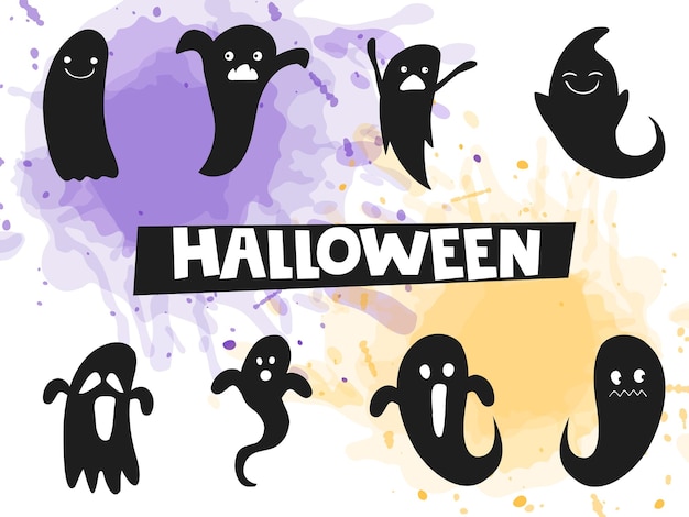 Halloween 2022 October 31 A traditional holiday Trick or treat Vector illustration in handdrawn doodle style Set of silhouettes of cute ghosts with orange and purple watercolor spot