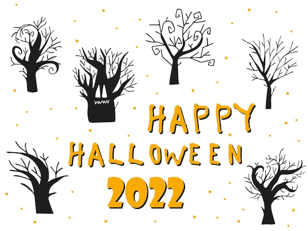 ハロウィーン202210月31日伝統的な休日トリックまたは御馳走手描き落書きスタイルのベクトルイラスト怖い木のシルエットのセット