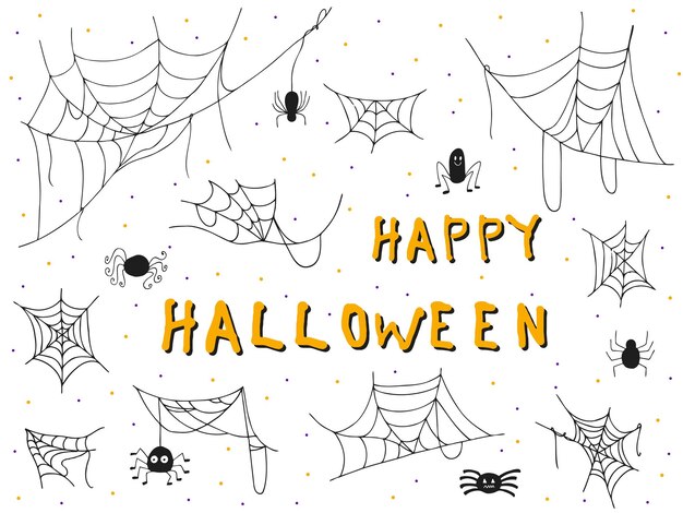Хэллоуин 2022 31 октября Традиционный праздник Кошелек или жизнь Векторная иллюстрация в стиле рисованных каракулей Набор силуэтов паутины