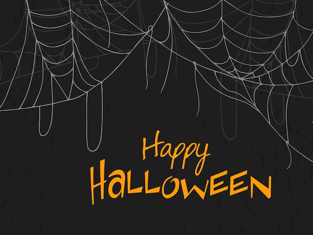 Halloween 2022 October 31 Trick or treat Vector handdrawn doodle style A postcard with orange lettering and white webs on a dark gray background