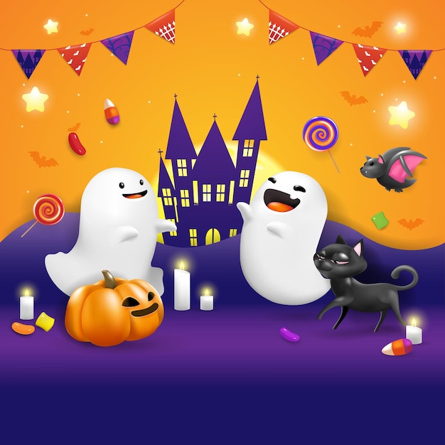 halloween 3d schattig stripfiguur banner uitnodigingskaart vectorillustratie