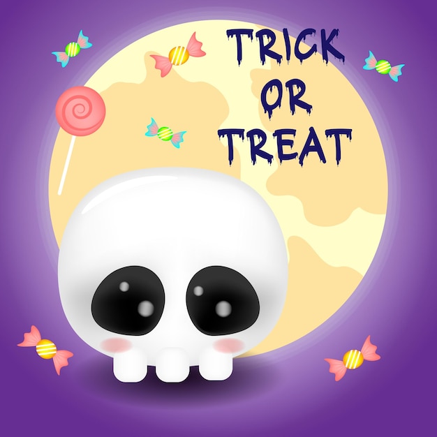 Halloween 3D-schedel met schattig gezicht en snoep vectorillustratie