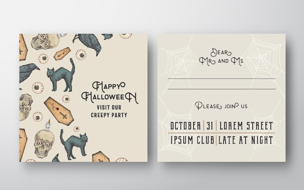 Halloween abstract vector invitation card with sculls, cats, coffins, eyes and candles