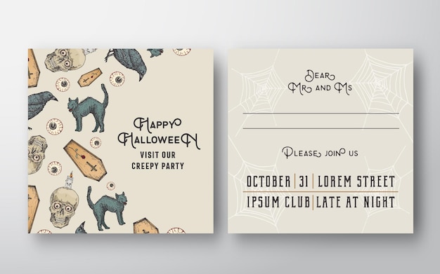 Vector halloween abstract vector invitation card with sculls, cats, coffins, eyes and candles