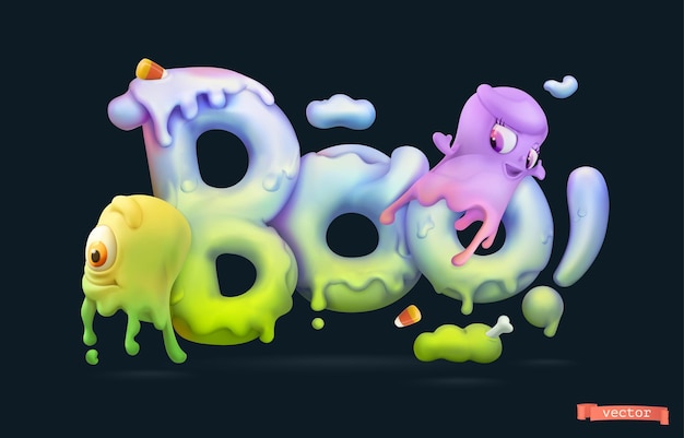 Vector halloween-achtergrond. boo-belettering met slijmgeesten. 3d-vector cartoon afbeelding