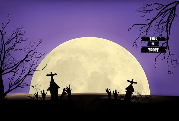 Vector halloween-achtergrond, illustratie vectorgrafsteen onder maanlicht.