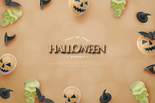 Vector halloween-achtergrond met 3d-schedel en ballonnen