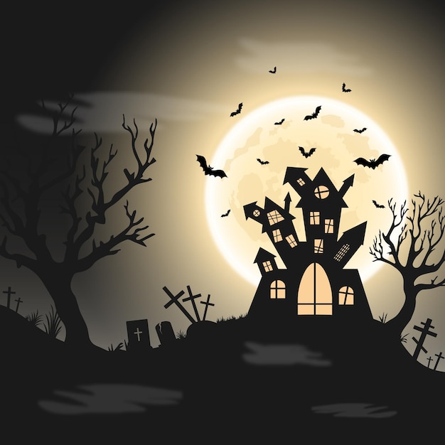 Halloween-achtergrond met een silhouet van een oud huis met bomen dichtbij een begraafplaats