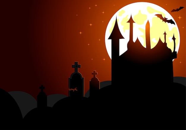 Halloween-achtergrond met kasteel op volle maan, vleermuis en grafsteen