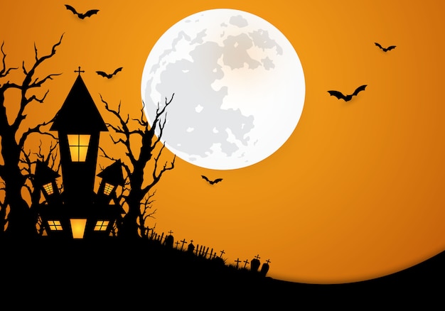 Halloween-achtergrond met kasteel wordt verfraaid dat