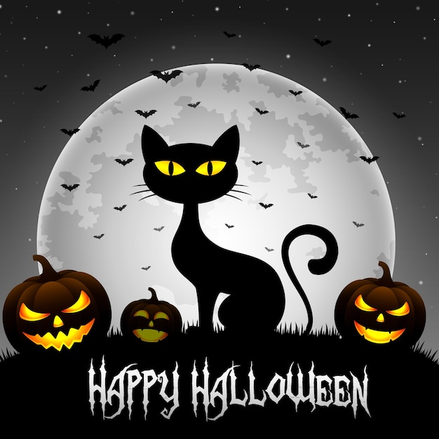 Vector halloween-achtergrond met kat en pompoenen
