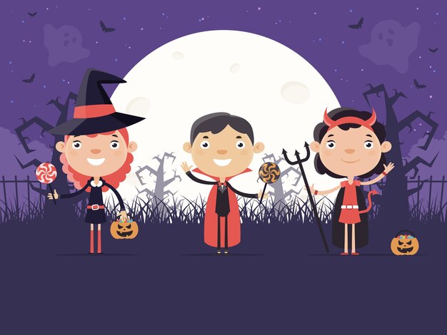 Vector halloween achtergrond met kinderen in halloween kostuum platte ontwerp stijl