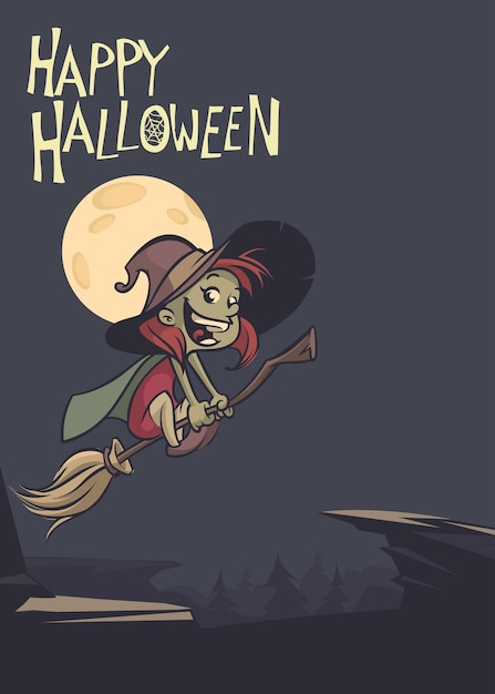 Halloween-achtergrond met leuke heks die op haar bezem vliegt
