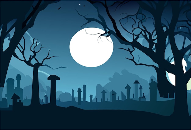 Halloween-achtergrond met oude begraafplaatsgrafstenen griezelige bladloze bomen