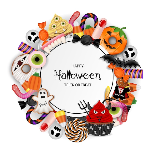 halloween achtergrond met snoep. halloween frame met koekjes, snoepjes en gebak.