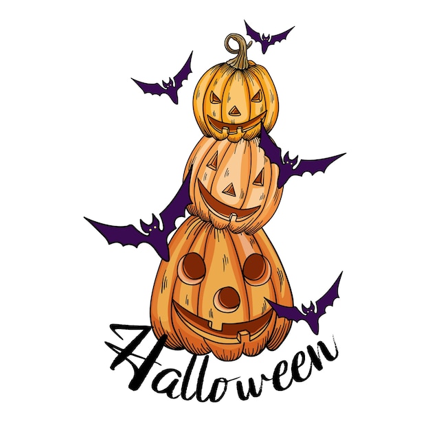 Halloween achtergrond pompoen en vleermuizen wenskaart voor feest en verkoop herfstvakantie hand getrokken belettering halloween