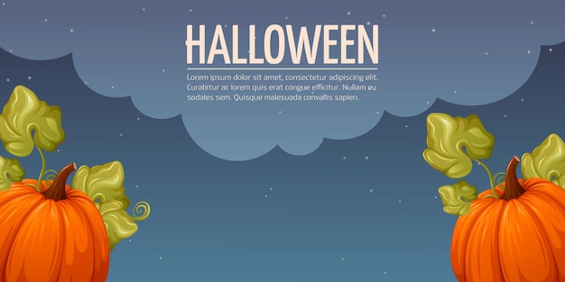 Halloween-achtergrond. Pompoenen met bladeren. Nacht sterrenhemel. Horizontale vectorillustratie