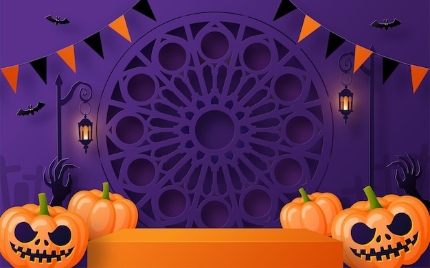 Halloween-achtergrondontwerp met 3d Podium rond vierkant doospodiumpodium