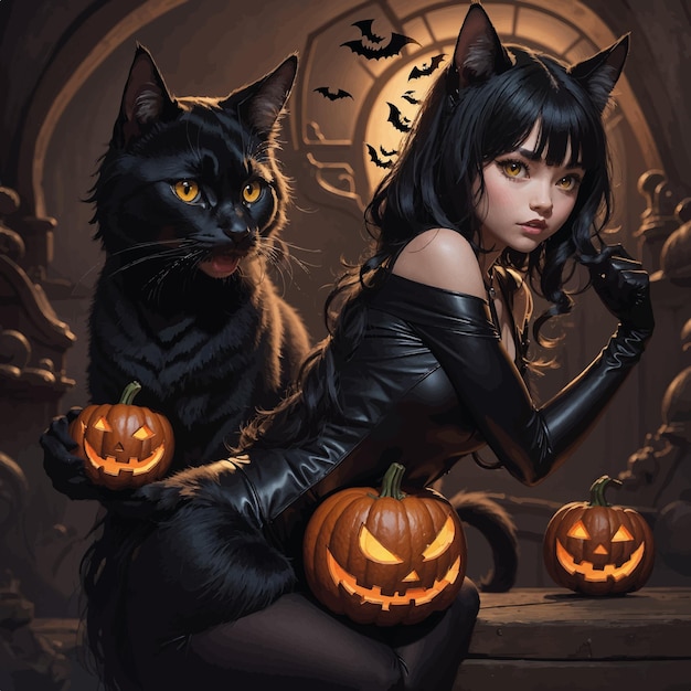 Vettore gatto animale di halloween e illustrazione del modello giovane