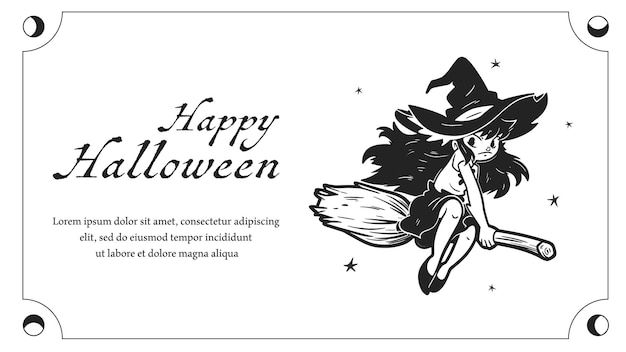 Halloween anime witch flying on broomstick