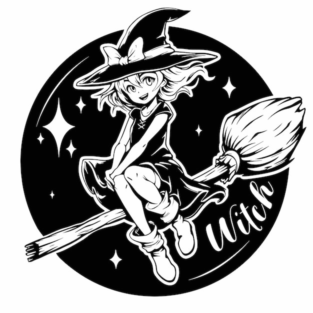Halloween anime witch flying on broomstick