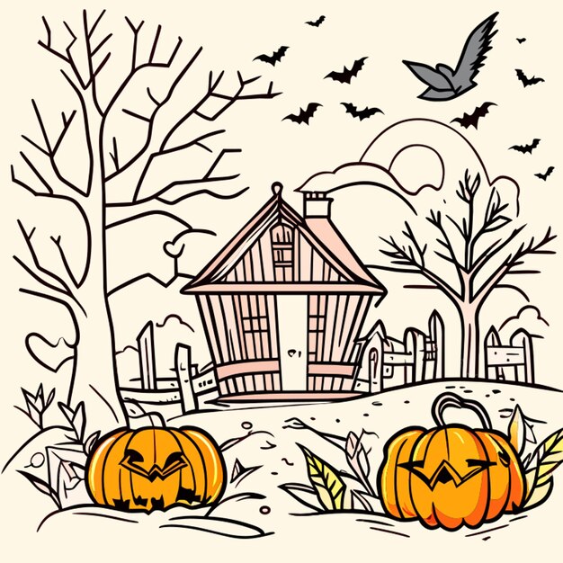 Vector halloween atmosphere fields with houses birds scarecrows vector illustration line art