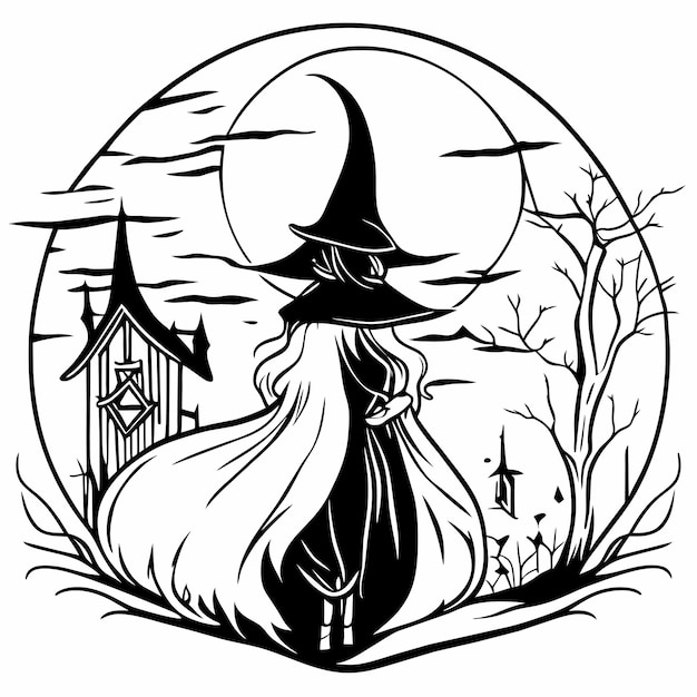 Vector halloween avond achtergrond met heks hand getekende platte stijlvolle cartoon sticker