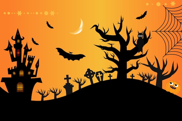 Vettore sfondo di halloween copyspace, paesaggio misterioso cimitero di lapidi, casa delle streghe dei cartoni animati, haunted