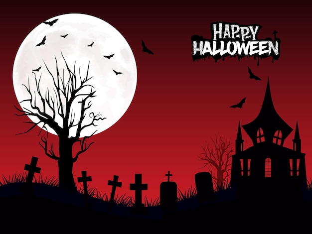 Halloween background design with haunted house and graveyard illustration