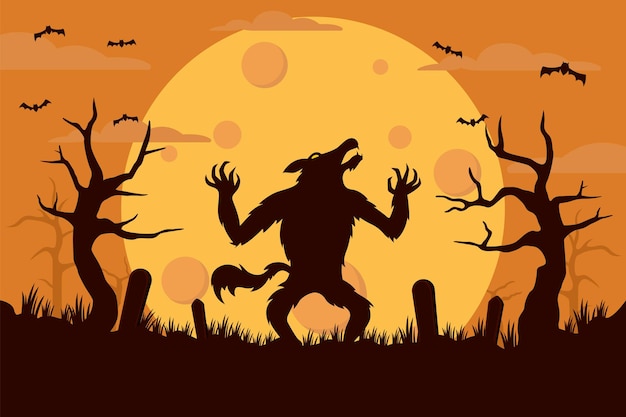 Фон Хэллоуина с изображением оборотня ночью в полнолуние.