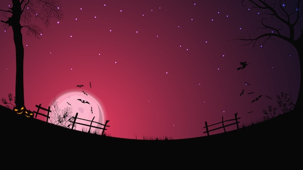 Premium Vector | Halloween background, full pink moon, starry sky ...