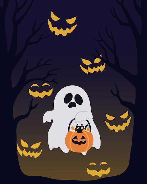 Halloween background. ghost with cat in scary night.