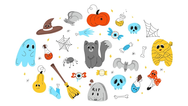 Sfondo di halloween tema di halloween halloween doodles insieme di elementi di halloween mummia fantasma