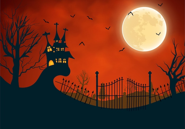 Halloween background illustration with old cemetery with spooky red foggy sky and haunted house