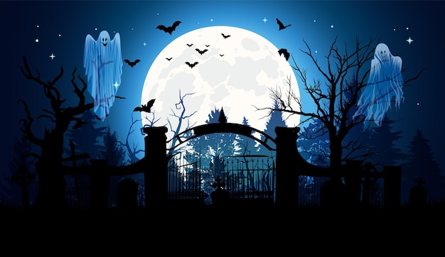 Halloween background old cemetery full moon bats ghost and forest