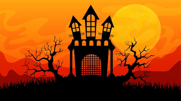 Halloween background scary haunted castle on graveyard